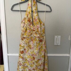 Astr Yellow Floral Backless Halter Dress